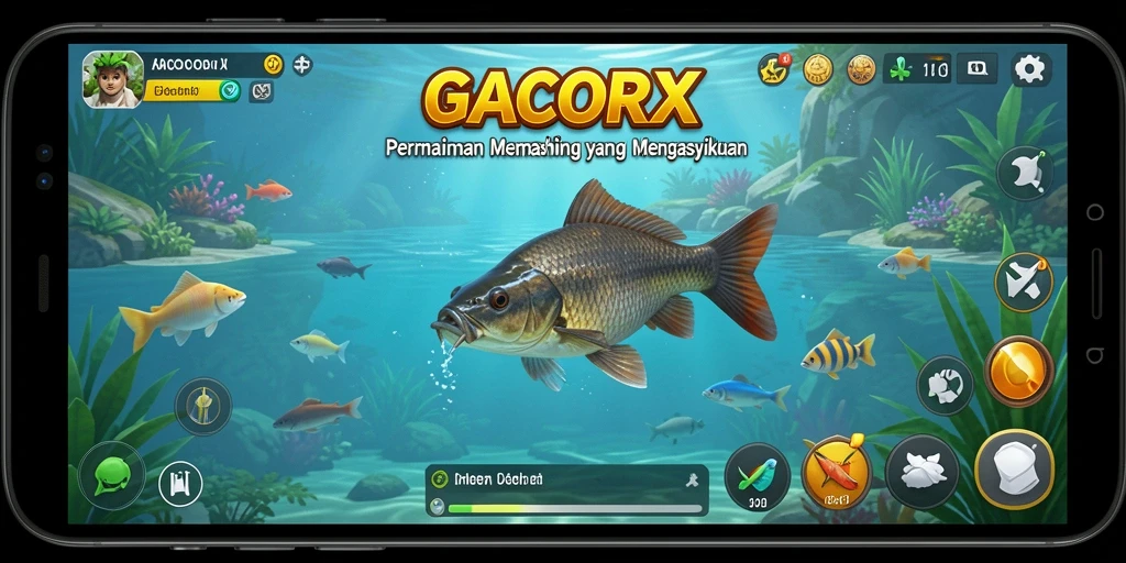 Screenshot gameplay GACORX menampilkan adegan memancing yang menegangkan.