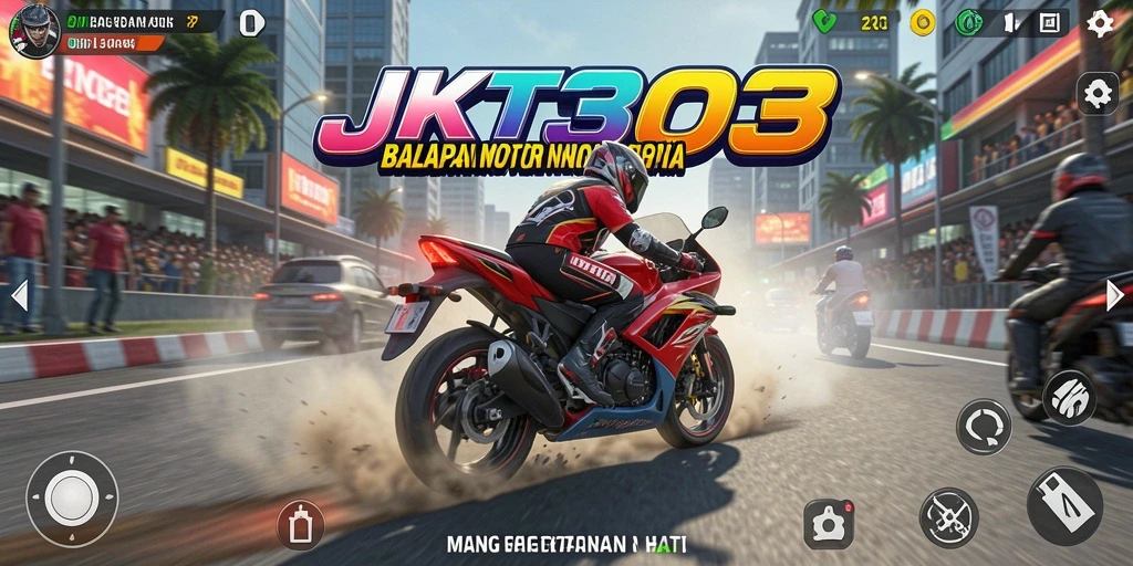 Tampilan gameplay seru dalam JKT303 yang menunjukkan kecepatan tinggi balapan motor.