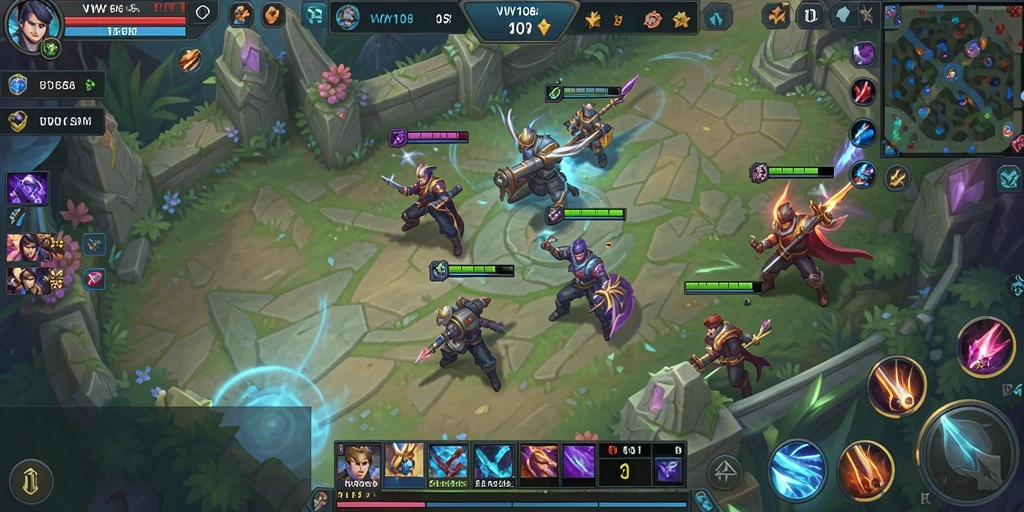 Screenshot gameplay VW108 menunjukkan pertarungan seru di arena MOBA.